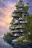 Placeholder: futurist building on a lake shore with trees and rocks