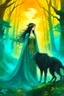 Placeholder: book cover, In the heart of a dense and enigmatic forest with towering ancient trees cloaked in emerald, yellow and amber foliage stood a bewitching sorceress possessing an ethereal allure her lustrous hair cascading in ebony waves down to her slender waist In the background a faithful companion a majestic canine of Belgian shepherd lineage roamed at her side its eyes illuminated by an otherworldly crimson glow exuding an aura both mysterious and demonic