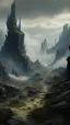 Placeholder: narrow stone path above the ground gradually getting higher into the clouds no railings, dangerous drop people in black leathers medievil period weather is wet spiraling into the clouds fantasy, a mountain with waterfall showing in the background