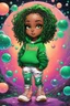 Placeholder: Create an colorful psychedelic comic book illustration of a chibi cartoon black female thick curvy wearing a cut of green and peach hoodie and white jeans and timberland boots. Prominent make up with long lashes and hazel eyes. Highly detailed shiny sister locs. Background of a large bubbles all around her