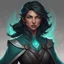 Placeholder: dungeons and dragons human female hexblade warlock, tanned skin, short length wavy ink black hair that reflects a dark teal hue, light gray eyes that glow slightly, tan skin, wears dark clothes made for sneaking around, portrait