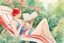 Placeholder: woman in red swimsuit reading a book in a beautiful garden in sunshine style Vittorio Giardino, stylized pen drawing and watercolor