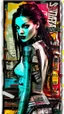 Placeholder: Russ Mills, byroglyphics style art, backdrop, mixed media, broad energetic brushstrokes, palette knife, chaotic collage, cardboard, newspaper, torn paper, gauze, broken glass, graphic image, vibrant natural color, intensely passionate, full body, eerie, slim Goth punk woman with long braided hair of Spanish and Lebanese heritage, beauty in chaos