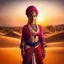 Placeholder: Hyper Realistic Photographic View Of Rajasthani Woman With A Traditionally Rajasthani Attire Standing In A Desert Dramatically Looking At Sunset showing dramatic & cinematic ambiance.