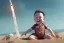 Placeholder: Elon musk as a Happy baby building a Very tall rocket-shaped sandcastle on the beach. He is wearing a polkadot swimsuit