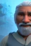 Placeholder: 3D render of a cyberpunk tribal old man, gray hair and goatee, on a dark blue jungle background, digital art