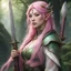 Placeholder: An asian princess elf druid are portrayed in a scene filled with grandeur. The woman is stunningly beautiful, with pink hair, youthful makeup and striking, moist large green eyes. The scene is bright, emphasizing the nobility and majesty of both figures. Katana in her hand. Key features include the princess captivating beauty and radiant eyes, her elegant armor, and the overall luminous and regal atmosphere.