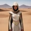 Placeholder: She stands amidst the unforgiving desert, a young Bene Gesserit adorned in a stillsuit, a garment as essential as the air she breathes in this harsh environment. The fabric clings to her figure, its intricate design serving a dual purpose—protection and survival. The tight-fitting hood frames her face, shielding it from the relentless sun, while her eyes, sharp and perceptive, scan the horizon for any signs of danger. As she walks, each step kicks up a small cloud of sand, leaving footprints tha