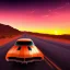 Placeholder: muscle car, desert road, sunset, full colour,