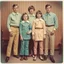 Placeholder: awkward family photo, all wearing the same type of clothes, 1960s, polaroid colors