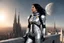 Placeholder: A slim Woman With Black shoulder length hair, Wearing a silver and black space suit, with no helmet, standing sot the right, sideways on a ledge of a building, with a moon Behind Her Head, towering spires and buildings highlighted by the setting sun