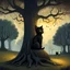 Placeholder: a painting of a cat sitting in front of a tree, a storybook illustration by Gediminas Pranckevicius, featured on deviantart, gothic art, ominous vibe, storybook illustration, dark and mysterious