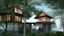 Placeholder: modern house by a big water falls in a karstic montain rain forest