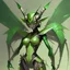 Placeholder: Mantis, (monster girl), green insectoid-armor, green helm with three horns, green and tan insect wings, white blades on arms, black eyes, fierce