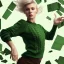 Placeholder: short blonde hair, green sweater, black pants, woman falling through glass shards, pan in the hand, brown shoes, side view, no ground, shattered