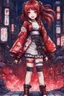 Placeholder: anormal, smile, blood, girl cute, full body, beautiful cyberpunk petit girl, hyperdetailed, behind made 8bits and Pixel Art, watercolor illustration by <Katsushika Hokusai>, darkred tones,