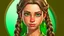 Placeholder: Tagged has pistachio green skin and dark brown eyes. His brown hair reaches chin length and is braided. They wear colorful makeup and have rosy cheeks. She has a pronounced birthmark on her forehead. They wear a dull copper earring.