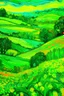 Placeholder: A neon green hilly fields with flowers painted by Vincent van Gogh