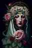 Placeholder: Virgin Mary with a flower over her face. Behind her head is a snake. There are roses on her dress