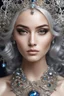 Placeholder: photography ultra realistic portrait natural beauty of young woman, beautiful, shiny hard eyes, make up, shiny baubles, ornate, large gemstones, shiny molten metalics, shiny wire filigree, silver hair, high definition, high res,establishing shot