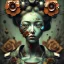 Placeholder: an abstract painting of rusted metal and flowers, Geisha portrait, rust, scaffolding, iron cladding, decay, mixed media, textured, anatomically correct, beautiful perfect face, sharp focus, highly detailed