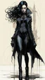 Placeholder: highly detailed, full body illustration, petite, dark haired goth girl, sharply defined angular facial features, anatomic perfection, by Andrea Kowch> <Yoji Shinkawa> <Jean-Giraud Moebius, vibrant natural color tones, precisely drawn and inked, 8k resolution