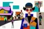 Placeholder: whimsical arafed nonsense, patchwork vibe, acrylic and ink painting of a cozy village main street on undulating hills with color (((minimal))) sketches of village people with (((extremely long limbs))), (((oversize head))), sharp color contrasts, amazing shadows, (((exaggerated limbs and head))), minimal cozy, warm palette, bright bold warm summer colors, color leak, sparse bright orange-red splinters, heavily distorted views, amazing parallels, amazing reflections