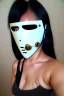 Placeholder: Cyber-punk style mask. Large fencing mask covers cheeks. Trim girls. Reflective white plastic skin. Camera lenses as eyes. Head full of integrated old-fashioned cameras. Golden to cyan surfaces body, latex. Perfect body, thick thighs and calves. Asa Akira. Selfies with old-fashioned cameras in both hands. Wide hip, skirt bleats nicely. Camera at mons veneris and nipples. Partly symmetrical. Three Cameras hanging on wide plastic belt. Euclidean 3D-tiling. dystopia. Fractal-camera-lens.Minimalism