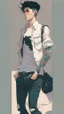Placeholder: Teen man, black hair, perfect face, style of tomer hanuka, jeans, white, t-shirt, pompadour