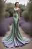 Placeholder: Stunning utopian mermaid gown with lavender and sage green. Hyper realistic standing model