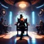 Placeholder: In a futuristic room, designed in a Pixar Disney style, a undertaker with a long beard is sitting on a chair. The floor has a subtle shadow, adding depth to the image. The chair is placed at the center of the room, and the guy is dressed in stylish Steampunk fashion, including a fancy hat. The entire picture exudes a creative and entertaining atmosphere, as Avatar