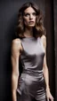 Placeholder: photography of a beautiful anorexic woman, grey satin top, brunette wavy bob haircut, flat chest, grey satin leggins