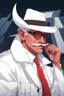 Placeholder: An old male crimson red tiefling wearing a white police comisioner outfit, he is also wearing glasses, he has a white scruffy mustache, and a small black fedora.