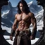 Placeholder: Handsome and muscular 30 year old shirtless mountain man long dark hair, dark fantasy, snow capped mountains