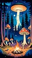 Placeholder: magic forest in the evening, campfire in the middle, happy people, there is music playing from speakers, a flying saucer in the sky, ad some weird stuff, ad some shrooms, comics style, camp, few tents