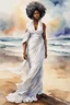 Placeholder: Create an urban culture watercolor painting of a beautiful thick black female wearing a soft white maxi dress and a white hair wrap. Prominent make up with lush lashes. Highly detailed tightly curly afro. Background of her walking in the sand by the ocean.