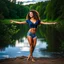 Placeholder: full body shot of very beautiful lady dancing in country side , curly hair ,next to small clean water river,pretty clouds in blue sky