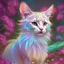 Placeholder: In a dreamlike realm, a mystical iridescent cat with a luminescent coat perches gracefully on a bed of glowing dandelions flowers, amidst a surreal landscape of swirling celestial clouds and iridescent stars, evoking a sense of magic and enchantment, influenced by Studio Ghibli's animated style, with soft rainbow pastel hues and delicate brushstrokes. Rendered in a watercolor style with soft brush strokes.