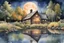 Placeholder: rustic Barn on banks of a pond in a forest, harvest moon, reflective, detailed watercolor with fine brush strokes, artistic, impressionism, amazing pond reflection, volumetric natural lighting, concept art, beautiful, scenic