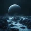 Placeholder: a planet in darkness with lots of water flowing and gushing out of rocks as a torrent