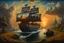 Placeholder: Tardis - ship Resembling the Flying Dutchman at sunset of the ark by mike axelso, oil on canvas, in the style of hyperrealistic environments, dutch genre scenes, grisaille, fantastical ruins, nostalgic rural life depictions, venetian scenes, barroco, cloudpunk, steampunk roads and orchards and trees and fields and mountains and medieval cities, the city is crossed by a big river that a big medieval stone bridge, large walls surround the city, flawless form of existence