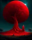 Placeholder: behind a huge red tree there are three planets of different colors