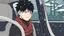 Placeholder: Megumi Fushiguro | Jujutsu Kaisen a guy with disheveled black hair an anime character is sitting in a car wearing a scarf. It's snowing outside and it's nighttime. Everything is pale and dreary