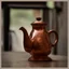 Placeholder: Reflection of a child on an old copper teapot