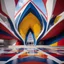 Placeholder: Front view Museum of art in the form of flower petals architecture style Zaha Hadid linear drawing colors red white blue and yellow hyper-detailed 8k