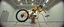 Placeholder: pinhole cam, airbrush 3d rendering, integrated_multimodal_description: [Shot 1] A five-second cinematic single take in a clean industrial presentation hall. A bizarre mechanically plausible bicycle machine stands beside a presentation podium, designed to look like a giant mechanical praying mantis. Two large bicycle wheels form its main body and four thin articulated mechanical legs support it. Two long folded mechanical front arms resemble mantis forelegs