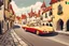 Placeholder: a yellow and a red sixties sports car pass through the medieval city of Nördlingen at speed, detailed vintage cartoon style