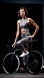 Placeholder: photography of a beautiful anorexic woman, grey satin triathlon top, brunette wavy bob haircut, flat chest, grey satin cycling leggins