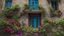 Placeholder: Facade of an Old Stone House Adorned with Climbing Passion flowers, Colorful, Vibrant Hues