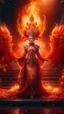 Placeholder: Full body wide-angle RAW photo, fire queen wearing luxurious and ornate clothes, fully covered, holding a ball of fire, opals and floral decorations, fractal wings texture, coming out of a burst of fire, winter scenery in the background, beautiful Indonesian woman's face, skin high detail, phoenix, fire, 8k uhd, dslr, soft lighting, high quality, film grain